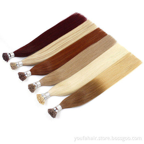 Wholesale 10A Russian Ombre I Tip Human Remy Raw Hair Blonde Brown I Tip Double Drawn Keratin Pre Bonded Fusion Hair Extensions